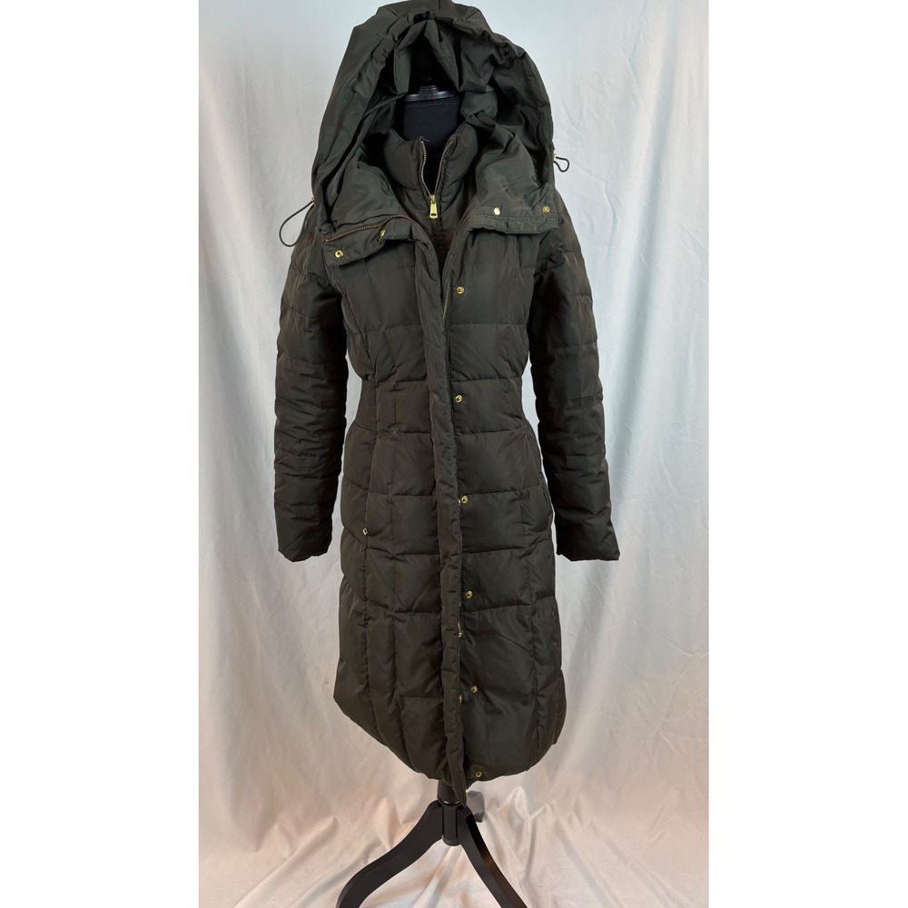 Cole Haan Signature Womens Long Puffer Coat Olive Green Down Fill Hooded XS